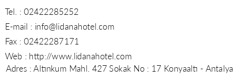 Lidana Hotel telefon numaralar, faks, e-mail, posta adresi ve iletiim bilgileri